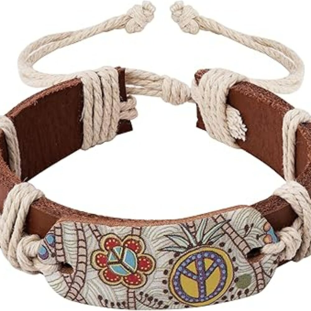Boho Retro Style‎ Rope Braided Cowhide Bracelet Love Peace Sign Pendant Floral